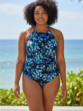 Speedo XL One Piece Swimsuit Women Blue Floral Halter Tummy Control Swimwear